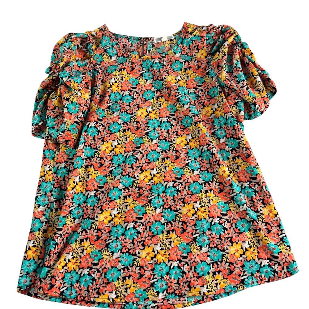 Pleione Womens Small Floral Puff Sleeve Blouse Square Neck Multicolor Cottage
